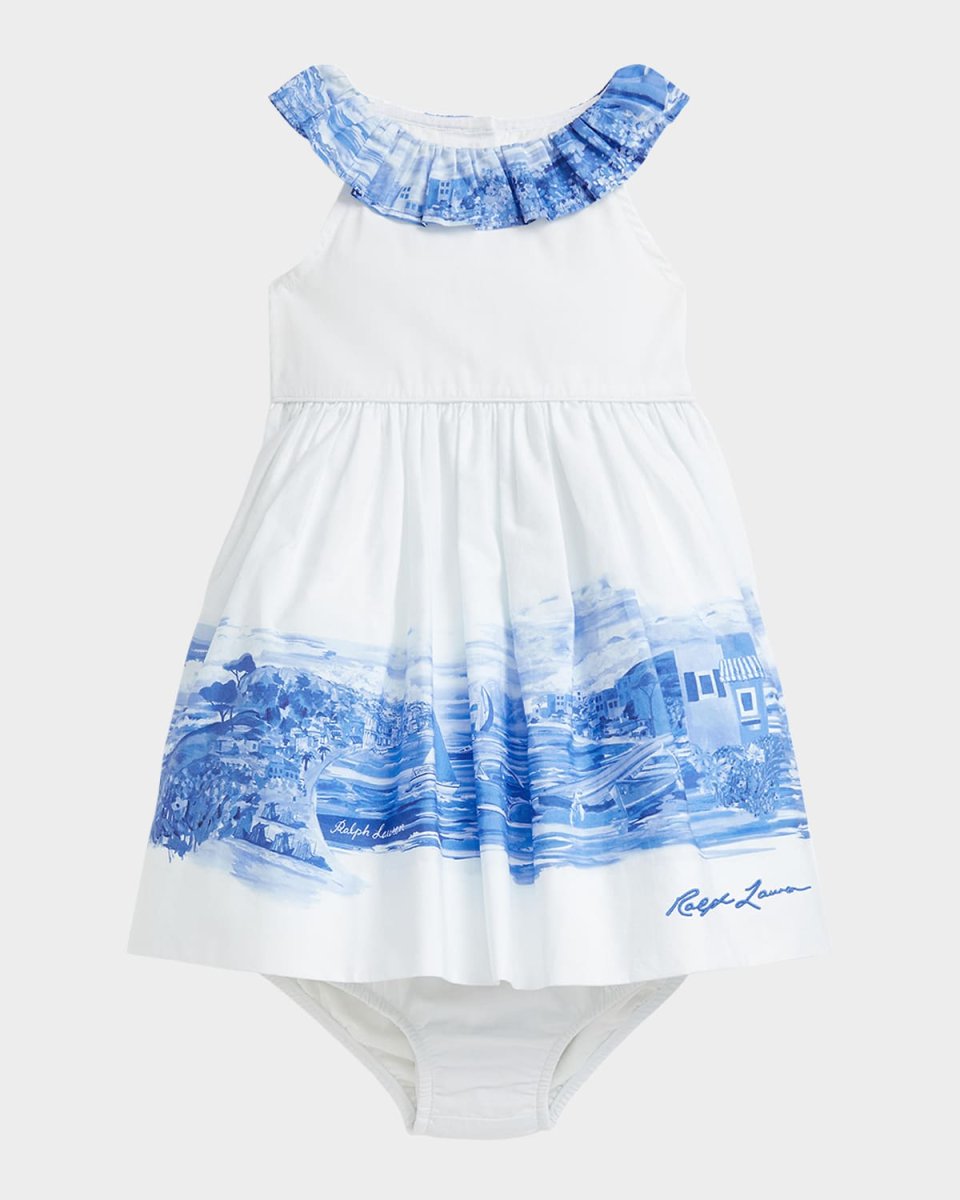 Girl's Seaside-Print Dress W/ Bloomers, Size 9M-